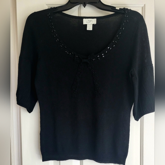LOFT Black Wool Blend Sweater with Beaded Neckline - Picture 1 of 7